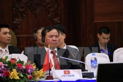 Trưởng đoàn Việt Nam, Trung tướng Trần Văn Vệ, Quyền Tổng cục trưởng Tổng cục Cảnh sát tại Hội nghị. (Ảnh: Phạm Kiên/TTXVN)