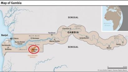  Kanilai (khoanh tròn đỏ) là quê hương của ông Jammeh. Đồ họa: HRW.