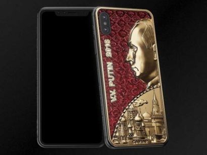  Vỏ điện thoại mạ vàng sang trọng dành cho dòng iPhone in ảnh Tổng thống Putin được Công ty Caviar tung ra nhân sinh nhật lần 65 của ông. Ảnh: CAVIAR