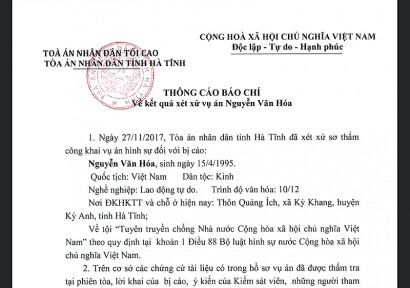  Thông cáo báo chí về kết quả xét xử vụ án Nguyễn Văn Hóa.