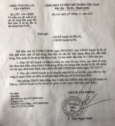  Văn bản của Văn phòng UBND tỉnh Gia Lai “Yêu cầu UBND huyện Ia Pa chuyển toàn bộ hồ sơ có liên quan đến vụ việc sang cơ quan Cảnh sát điều tra để tiến hành điều tra, xử lý theo quy định.”.