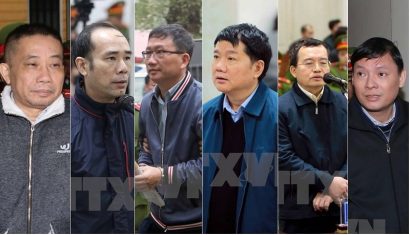  Các bị cáo từ trái qua: Ninh Văn Quỳnh, Vũ Đức Thuận, Trịnh Xuân Thanh, Đinh La Thăng, Nguyễn Quốc Khánh, Nguyễn Anh Minh...