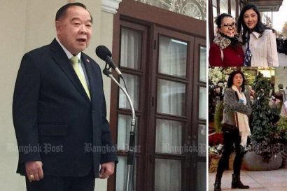 Phó Thủ tướng Prawit Wongsuwon và hai bức ảnh được cho là chụp bà Yingluck ở London, Anh (Ảnh: Bangkok Post)