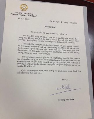 Thư khen của Phó Thủ tướng Trương Hòa Bình