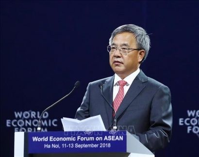 Ủy viên Bộ Chính trị, Phó Thủ tướng Quốc vụ viện Trung Quốc Hồ Xuân Hoa phát biểu tại phiên khai mạc toàn thể WEF ASEAN 2018.