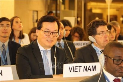 Đại sứ Dương Chí Dũng, Trưởng Phái đoàn thường trực Việt Nam dẫn đầu đoàn đại biểu Việt Nam tham dự khóa họp. Ảnh: TTXVN 