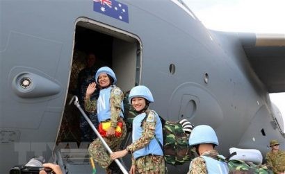 Cán bộ, nhân viên Bệnh viện Dã chiến cấp 2 số 1 xuất phát đợt 2 sang Nam Sudan. (Ảnh: Xuân Khu/TTXVN)