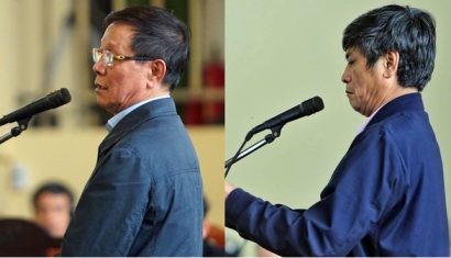 Ông Phan Văn Vĩnh và Nguyễn Thanh Hóa trong phần thẩm vấn tại phiên tòa - Ảnh: NAM TRẦN