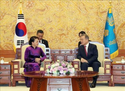 Chủ tịch Quốc hội Nguyễn Thị Kim Ngân hội kiến Tổng thống Hàn Quốc Moon Jae-in. Ảnh: Trọng Đức/TTXVN