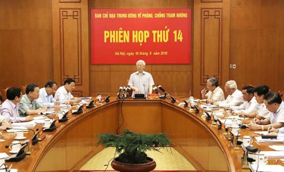  Tổng Bí thư Nguyễn Phú Trọng, Trưởng Ban Chỉ đạo Trung ương về phòng, chống tham nhũng phát biểu tại phiên họp thứ 14 ngày 16/8/2018 . (Ảnh: TTXVN)