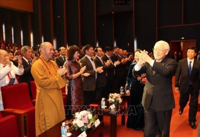 Tổng Bí thư, Chủ tịch nước Nguyễn Phú Trọng và Phu nhân đến dự Chương trình Xuân quê hương 2019.