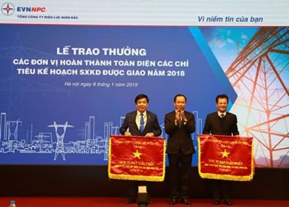 Chủ tịch kiêm Tổng giám đốc EVNNPC Thiều Kim Quỳnh trao cờ cho các đơn vị đạt giải nhất hoàn thành xuất sắc toàn diện các mặt công tác năm 2018