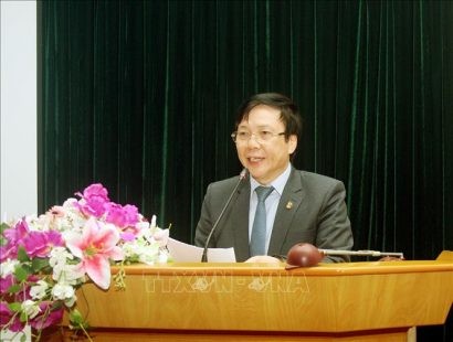 Phó Chủ tịch Thường trực Hội Nhà báo Việt Nam Hồ Quang Lợi phát biểu. Ảnh: Nguyễn Dân/TTXVN