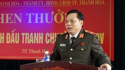  Thiếu tướng Nguyễn Hải Trung, Giám đốc Công an tỉnh Thanh Hóa đã ghi nhận, biểu dương thành tích, chiến công xuất sắc của Công an TP. Thanh Hóa. Ảnh: Thanh Niên