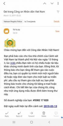 Email chứa mã độc tống tiền GandCrab 5.2 giả danh Bộ Công an.