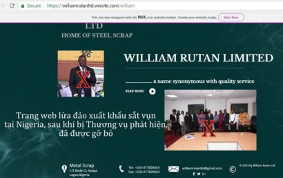  Trang web lừa đảo xuất khẩu sắt vụn tại Nigeria (www.williamruttanltd.wixsite.com/william) sau khi bị Thương vụ phát hiện, đã được gỡ bỏ. Ảnh: Moit