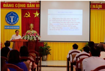 Đồng chí Đinh Văn Hiệp, Giám đốc BHXH thành phố phát biểu chỉ đạo tại Hội nghị triển khai các quy định mới về Quy trình thu BHXH, BHYT, BHTN, BHTNLĐ-BNN; quản lý sổ BHXH, thẻ BHYT