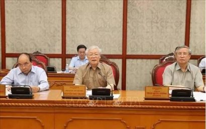 Tổng Bí thư, Chủ tịch nước Nguyễn Phú Trọng chủ trì họp Bộ Chính trị để phê duyệt quy hoạch Ban Chấp hành Trung ương khóa XIII, nhiệm kỳ 2021-2026 - Ảnh: TTXVN-VNA