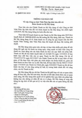 Thông cáo báo chí của Bộ Xây dựng trưa ngày 13/6 liên quan đến nghi vấn "chung chi" của đoàn thanh tra thuộc Bộ Xây dựng tại tỉnh Vĩnh Phúc.  