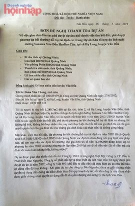 Đơn đề nghị thanh tra dự án Khu tổ hợp du lịch nghỉ dưỡng Sonasea Vân Đồn Harbor City của ông Đoàn Văn Thang gửi đến các cơ quan chức năng tỉnh Quảng Ninh và cơ quan báo chí 
