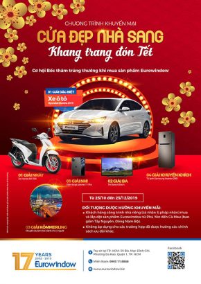 Cơ hội rinh ô tô và nhiều quà tặng giá trị lớn dành cho KH khu vực phía Nam của Eurowindow. Dự kiến, lễ bốc thăm và trao giải sẽ diễn ra trong tháng 01/2020. 