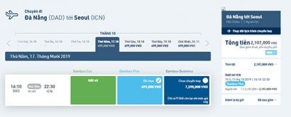 Lịch bay một chiều từ Đà Nẵng đi Seoul ngày 17/10 của Bamboo Airways - Ảnh chụp màn hình.