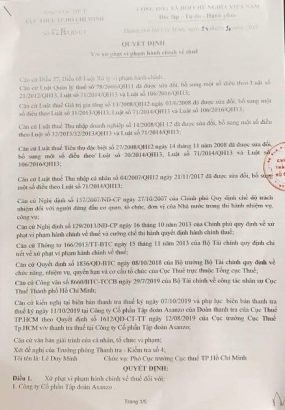  Quyết định xử phạt hành chính về thuế đối với Công ty cổ phần tập đoàn Asanzo của Cục Thuế TP.HCM
