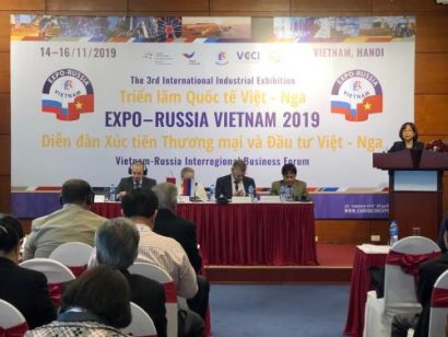 Khai mạc Triển lãm quốc tế Việt - Nga 2019 và Diễn đàn xúc tiến thương mại và đầu tư Việt-Nga. Ảnh: Ngọc Quỳnh/Bnews-TTXVN 