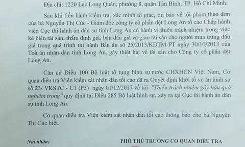 Khởi tố vụ án tại Cục thi hành án dân sự Long An