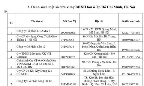 Công khai danh sách 20 DN nợ BHXH lớn tại Hà Nội và TP Hồ Chí Minh