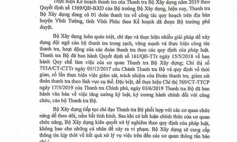 Nghi vấn đoàn thanh tra vòi tiền chục tỷ đồng ở Vĩnh Phúc: Bộ Xây dựng nói gì?