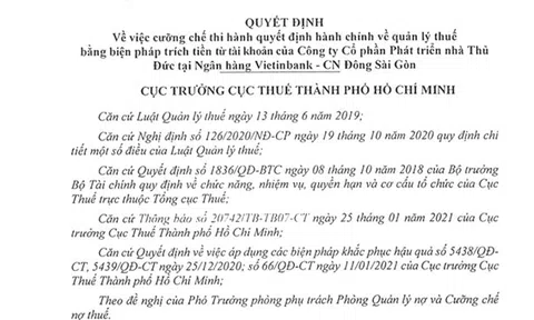 Nhà Thủ Đức bị cưỡng chế nộp thuế bằng trích tiền từ tài khoản