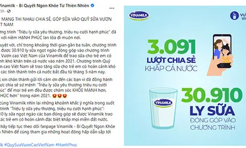 Quỹ sữa vươn cao Việt Nam 2021 của Vinamilk sẽ có thêm 31.000 ly sữa từ sự tham gia của cộng đồng
