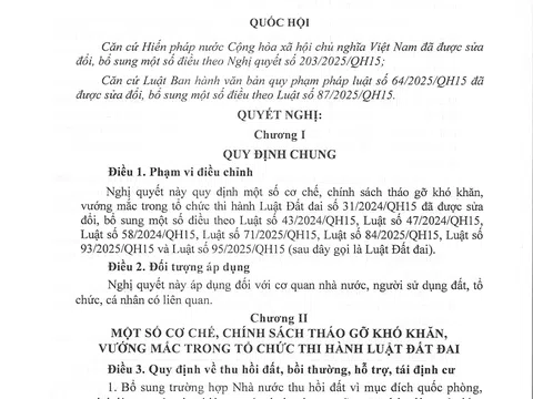 TOÀN VĂN: Nghị quyết 254/2025/QH15 quy định một số cơ chế, chính sách tháo gỡ khó khăn, vướng mắc trong tổ chức thi hành Luật Đất đai