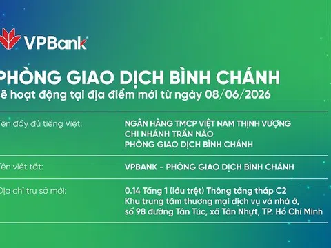 Thông báo: Từ 08/06/2026, VPBANK BÌNH CHÁNH thay đổi địa chỉ hoạt động