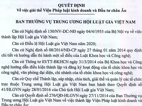 Quyết định về việc giải thể Viện pháp luật kinh doanh và Đầu tư châu Âu