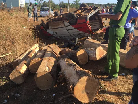 Gia Lai: Xe chở gỗ lật ngửa, 2 người chết
