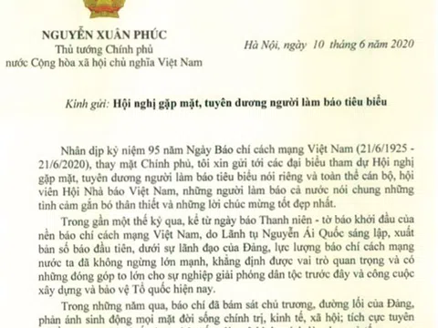 Thủ tướng gửi thư chúc mừng nhân Ngày Báo chí cách mạng Việt Nam