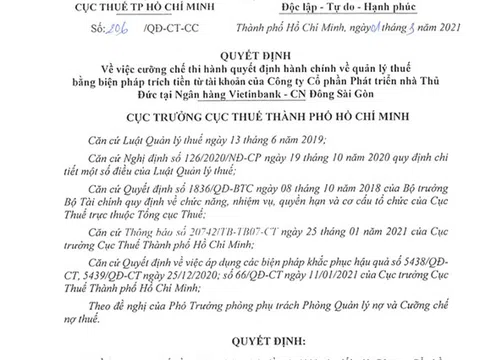 Nhà Thủ Đức bị cưỡng chế nộp thuế bằng trích tiền từ tài khoản